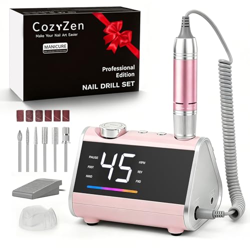 CozyZen Taladro de Uñas Eléctrico Profesional | 45000 RPM, Lijadora con Pantalla LCD, Control Manual y de Pie, Bajo Ruido para Uñas Acrílico/Gel, Manicura y Pedicura
