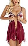 Lingerie for Women Front Closure Babydoll Lace Chemise V Neck Mesh Sleepwear(S,Wine Red)
