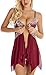Lingerie for Women Front Closure Babydoll Lace Chemise V Neck Mesh Sleepwear Wine