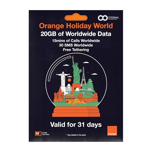Preloaded Orange Travel Sim with 20GB of Worldwide Data + Calls & SMS. Use in Over 150 Countries (UK, Europe, USA, UAE, Turkey, China, Thailand, Jamaica & More). Lasts for 31 Days. Tethering Allowed