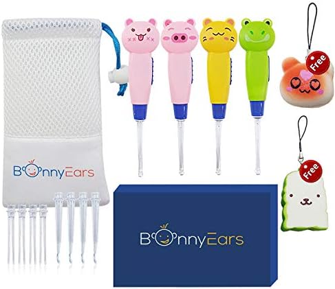 Ear Wax Removal Tool for Kids - Toddlers, Infants, Baby and Adult by BonnyEars | 4 Pieces | Earwax Remover Kit with Led Light and Mesh Pouch | Ear Pick Spoon Curette Tweezers Cleaning