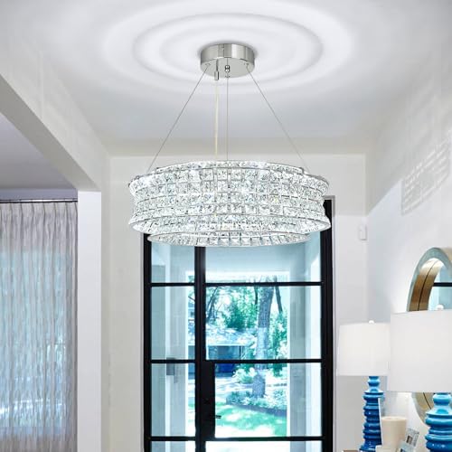 AOOCHOK Modern Crystal Chandelier for Dining Room, LED Chrome Pendant Lights, Round Crystal Pendant Light for Living Room, Hallway, Kitchen Island, D50cm