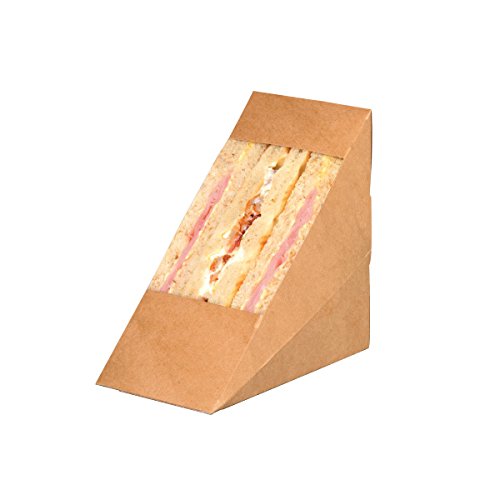 PacknWood209KCK7212 - Triangle-Shaped Boxes - Kraft Triple Sandwich Box with Window - Recyclable Paper Lunch Container Boxes - Kraft Sandwich Wedge Box - (4.8" x 2.8" x 4.8") - (Case of 500)