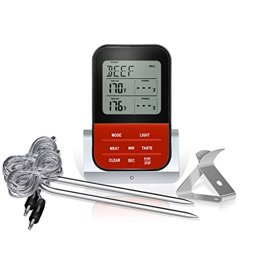 Digital Cooking Meat Thermometer Instant Read Food Thermometer with Clock Timer Mode for Smoker Oven Grilling BBQ Thermometer -LCD Backlight,Dual Long Probe