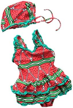 Summer Baby Girl Bathing Suit Cartoon Fruit Pattern Pool Wear With Hat(Watermelon, Large)