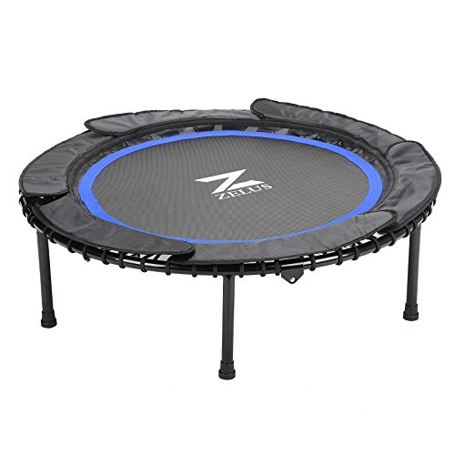 ZELUS Pro 40   Foldable Mini Trampoline Rebounder, Assembly-Free, w/ Safety Bungee Cover, Rubber Ribbon & Textured Jump Mat for Outdoor Cardio Exercise (Blue)