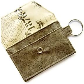 Keychain Wallet , ID , Credit , Business Card Holder , Retro Gray and Cream, Elegant Handwriting and Flowers