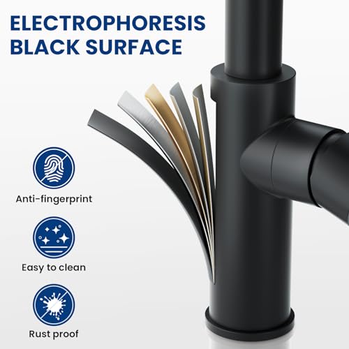 CECIPA Black Kitchen Tap with Spring and 2 Types of Jet, High Arc Kitchen Mixer Tap Black with Pull-Out Shower, 360° Swivel Sink Tap, Stainless Steel Mixer Tap