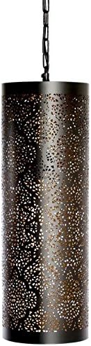 lamps and Light, Iron, New Moroccan Cutout Cylindrical Bar Pendant Lamp, Modern Hanging Light Tube, Restaurant, Coffee Bar, Dining Room, Black, 18 x 18 x 52 cm, Black inside Gold [Energy Class A++]