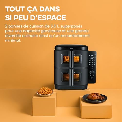 Friteuse à air chaud S-Fry Duo Stack, Air fryer 9 programmes, Friteuse sans huile avec 2 paniers empilés de 5,5 L chacun sans PFAS, Multicuiseur à écran tactile, Noir, FR 9598