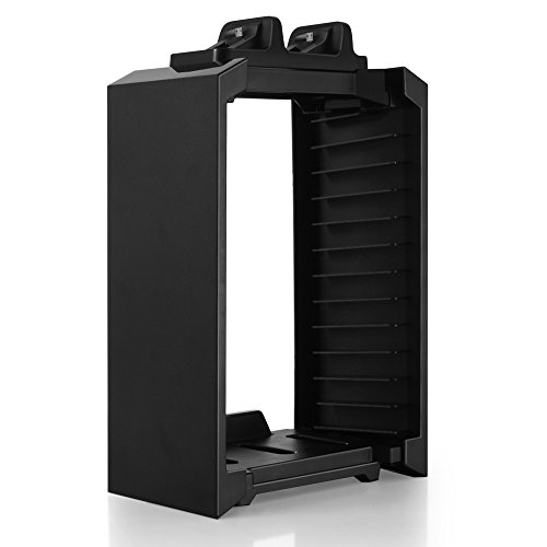 TNP PS4 Stand + Controller Charger + Game Storage Organizer – Vertical Dock Charge Charging Station for DualShock Controller, Bluray Game Case Storage Holder Tower 4-in-1 Accessories [Playstation 4]