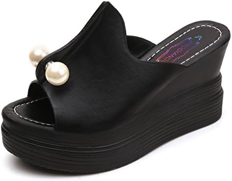 Women's Beading Wedge Sandals Platform Peep Toe Summer Slippers(4.5,Black)
