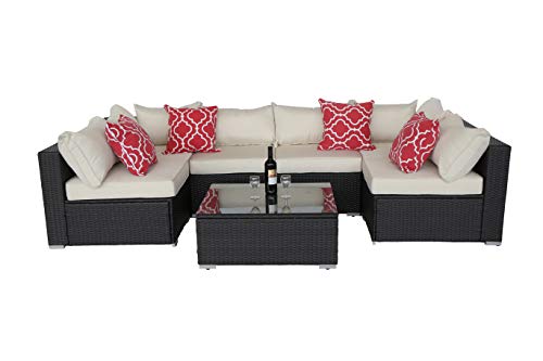 Do4U Patio Sofa 7-Piece Set Outdoor Furniture Sectional All-Weather Wicker Rattan Sofa Beige Seat & Back Cushions, Garden Lawn Pool Backyard Outdoor Sofa Wicker Conversation Set (Beige) - Thumbnail 5