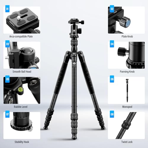 SIRUI Traveler 7C Carbon Fibre Tripod for Camera, 65" Portable Travel Tripod and Monopod with 360° Panoramic Ball Head, Compact Tripod with Extendable Centre Column for DSLR, Camcorder, Max Load 8kg