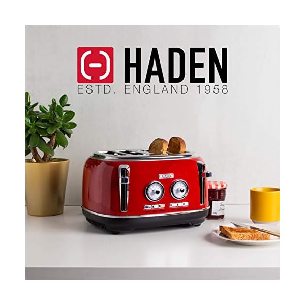 Haden-Jersey-Toasters-4-Slice-Toaster-Red-CD40 Haden Jersey Red Toaster 4 Slice – Electric Stainless Steel Toaster - Reheat and Defrost Functions - Self Center…