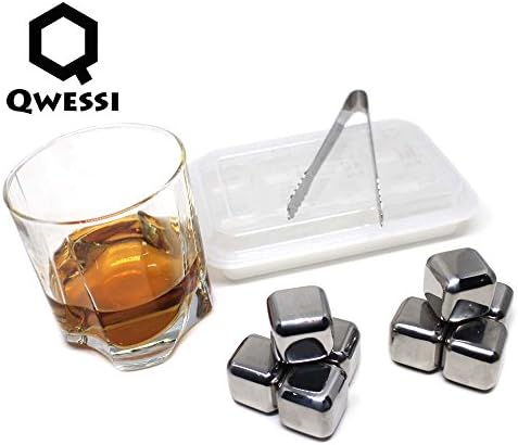 Qwessi Set of 8 with Tongs Stainless Steel Whiskey Stones Reusable Ice Cubes in Plastic Storage Trays