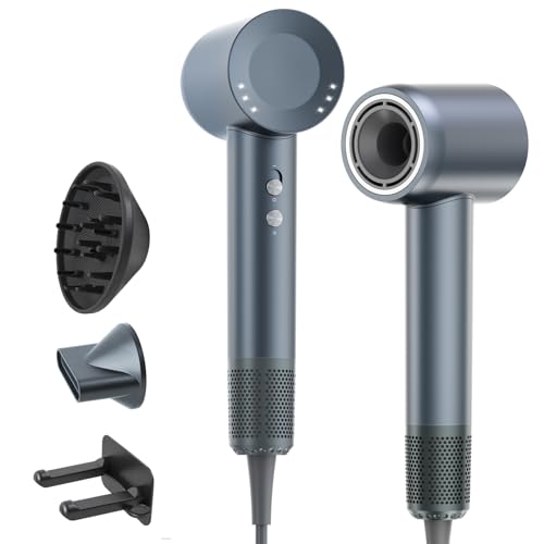 Professional Hair Dryer with Diffuser and Nozzles, 59 dB Low Noise Ionic Hair Dryer, 160,000 RPM Brushless Motor, Hair Dryer with 3 Temperatures and 2 Speed, Grey