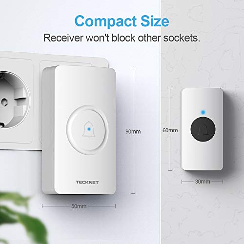 TECKNET Sonnette sans Fil, IP44 Sonnette sans Fil Exterieur Etanche à 300 Mètres de Portée, Sonnette de Porte Kit de Carillon avec LED Flash et 38 Sonneries 4 Niveau Volumes pour Entrepôt,etc