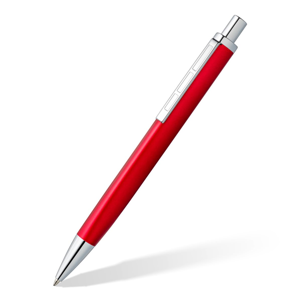 STAEDTLER Triplus 444 M02-3 Retractable Ballpoint Pen 444 M, Roaring Red, Premium Quality Metal Casing in Ergonomic Triangular Shape, Large Refill M, Blue Ink