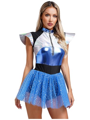 Huimingda Womens Alien Costume Halloween Space Cadet Dress Up Outfits Shiny Sequined Leotard Tulle Dress