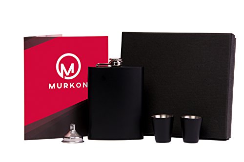 Hip Flask Funnel Shots Set Stainless Steel 8 oz. Matte Black and Premium Gift Box + E-BOOK INCLUDED