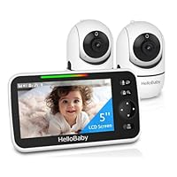 HelloBaby Upgrade 5’’ Baby Monitor with 30-Hour Battery, 2 Cameras Pan-Tilt-Zoom, 1000ft Range Video Audio Baby Monitor No WiFi, VOX, Night Vision, 2-Way Talk, 8 Lullabies and Temperature