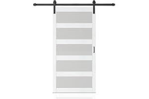 CALHOME 48 in. x 84 in. 5 Lite Tempered Frosted Glass White Finished Composite Interior Sliding Barn Door with Hardware Kit