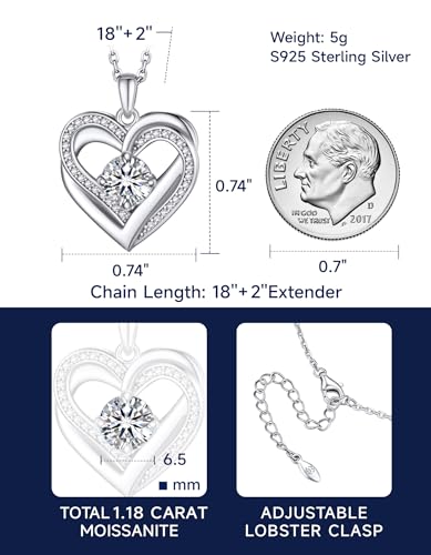 MomentWish Women's Necklace, 1 Carat Moissanite Heart 925 Silver Pendant Chain with Diamond Gift for Women Girlfriend Mother