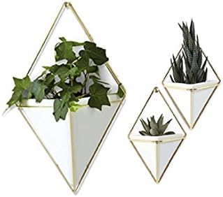 Trigg Hanging Planter Vase &amp; Geometric Wall Decor Container, SET OF 3 White Ceramic/Brass (1 Large + 2 Small )