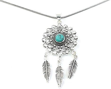 Turquoise Dreamcatcher Necklace, Mandala, Web, Feather Pendant, Western, Indian, Festival Jewelry, Boho, Bohemian, Gypsy, Hippie, Spiritual