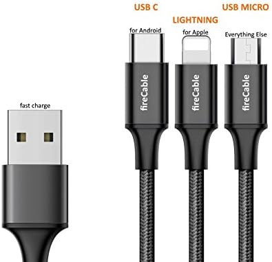 fireCable 3 in 1 Charging Cable | USB C Cable, Micro USB, Lightning Charging Station for iPhone X 8 8 plus/ 7 7 plus, 6 6s Plus, iPad, Macbook, Galaxy Note 8, S8 plus, Lg V20, Huawei Mate 9 (black)