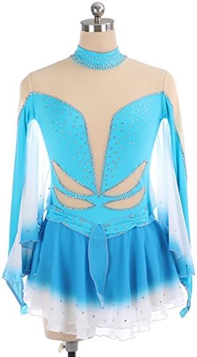 LVRXJP Handmade Ice Skating Dress for Girls Women Figure Skating Competition Costume Professional Skating Dress Long Sleeved Blue Crystals