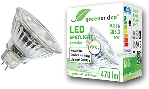 greenandco® CRI 97+ 2700K 36° LED spot Replaces 40 Watt GU5.3 MR16 Halogen Spotlight, 6W 380 Lumen Warm White 12V AC/DC, not dimmable
