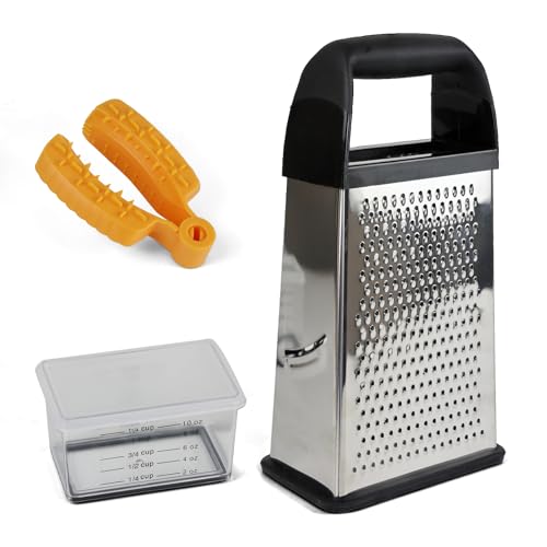 LUMAI Ralador e Fatiador de Aço Inox Premium com Cesto Coletor com Medidas de Cozinha, Inclui Protetor de Dedos, Cabo para Longa Durabilidade, Utensílio de Cozinha para Queijos, Cenouras, Legumes