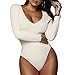 Weigou Women Jumpsuits Deep V Neck Long Sleeve Bodycon Stretch Jumpsuit Leotard Bodysuit Tops (White, M)