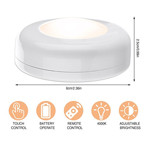 Closet Light, Elfeland LED Puck Lights Remote Control Under Cabinet Lighting with Timer Function, Battery Powered, Brightness Adjustable, for Hallway Bedroom Stair (6 Pack, 4000K, Warm White)