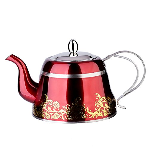 Red Tea Pot with Infuser Loose Tea for Stovetop Stainless Steel Coffee Kettle 8 Cup Quick Boil Sturdy Teapot Hot Water Mirror Finish 2 Liter/2.1 Quart 68 Ounce by Onlycooker