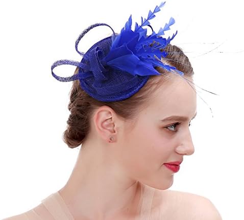 Feather Sinamay Fascinator Headband Mini Top Pillbox Hat for women (Royal Blue)