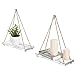 MyGift 17-inch Whitewashed Wood Hanging Swing Rope Floating Shelves - Farmhouse Rustic Triangle Wall Plant Shelf, Set of 2