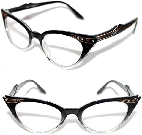 Women's Cat Eye Small Retro Gradient Frame Clear Lens Glasses With Gold Rhinestones (Black Clear)