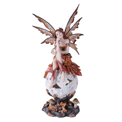 Autumn Fairie Sitting on Changing Color Led Orb Meadow Mushroom Fairy Statue