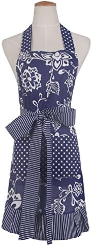 Leeotia Cotton Fabric Flirty Women's Apron With Big Pocket In Front Used For Home Baking or Kitchen Cooking (Blue Style1)