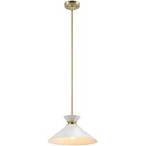 GLOBE Electric 1-Light Pendant Light, Matte Brass Finish, White Tapered Metal Shade with Ring Detail, Adjustable Rods, Dimmab