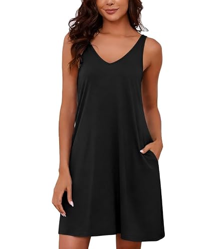 Marvmys Women Cotton Tank Nightgown Summer Loose Fit Sleeveless Lounge Dress Soft Lettuce Hem Nightshirts with Pockets Black S at Amazon Women's Clothing store
