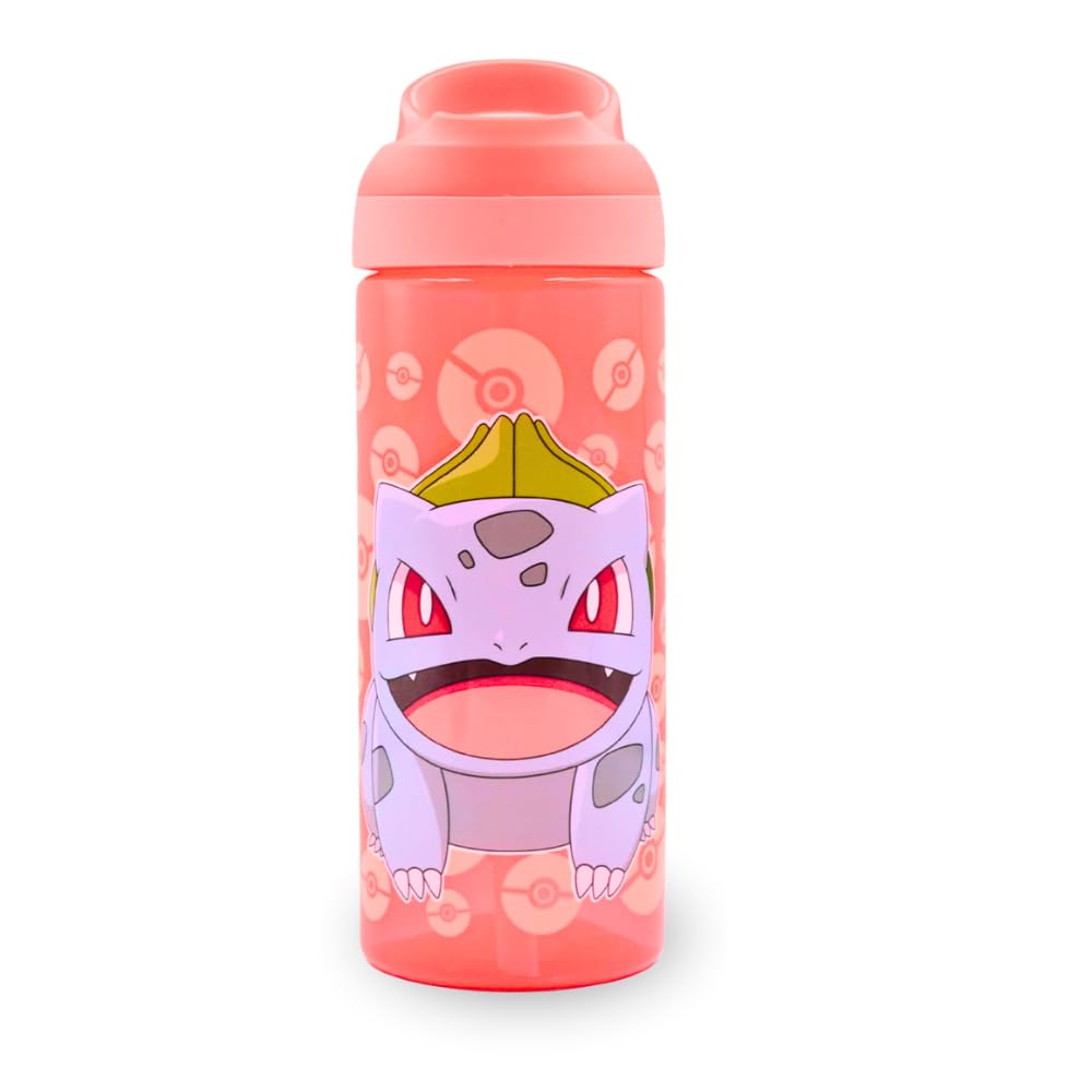 HOX POKEMON BULBASAUR Reusable BPA free Kids Atlantic Water Hydration Bottle with built in Carry Loop, Flip Up Spout and removeable straw - 600ml, Pink