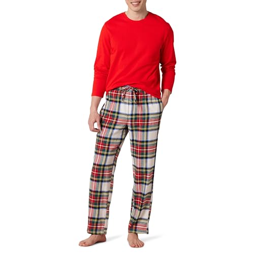 Conjunto de Pijama con Pantalón de Franela y Camiseta de Manga Larga Hombre, Rojo Tartan Plaid, M
