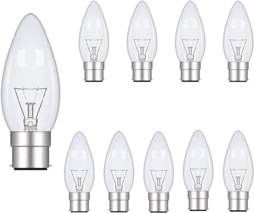 10 Pack B22 Candle Bulbs 40W, Bayonet Light Bulbs Clear Dimmable, 2700K Warm White