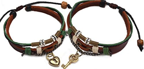 Valentine's Day Love Gifts Handmade wrap leather multi-strand fashion style lock and key pendant couple lover's bangles bracelets jewelry for Men, Women, Teens, Boys and Girls