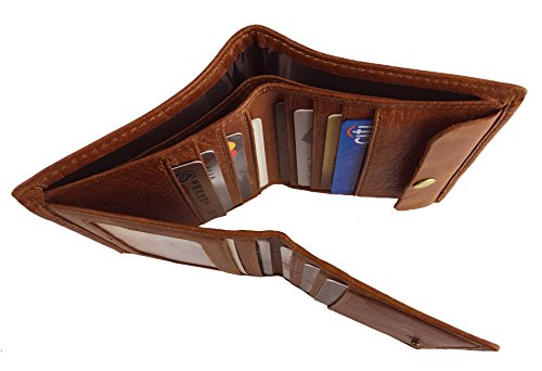 800000W Brown Genuine Leather Folding Multi-function ID or Bank Card Bifold Wallet for Men
