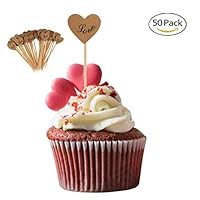 Elegantday Rustic Vintage Kraft Paper Heart Cupcake Picks Cake Toppers Food Flags Canape Sticks Wedding Bridal Shower Party DIY Dessert Decoration 50PCS (love)